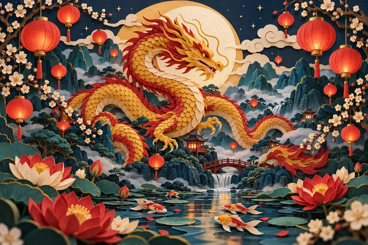 Dragon auriu din hârtie decupată printre lampioane roșii, munți în ceață, flori de prun, lotuși și pești koi